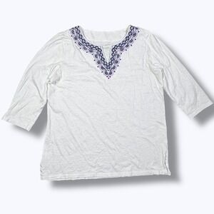 Talbots White Embroidered Tunic Top 100% Cotton Boho Peasant Blouse Cottage L